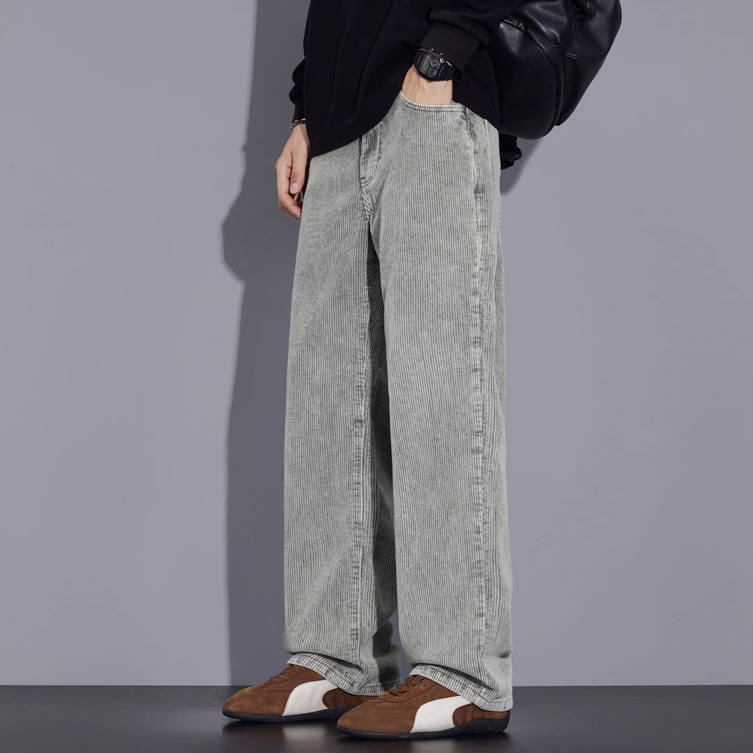 Kuvine粗纹灯芯绒直筒2025秋冬美式复古水洗宽松休闲牛仔裤子男款