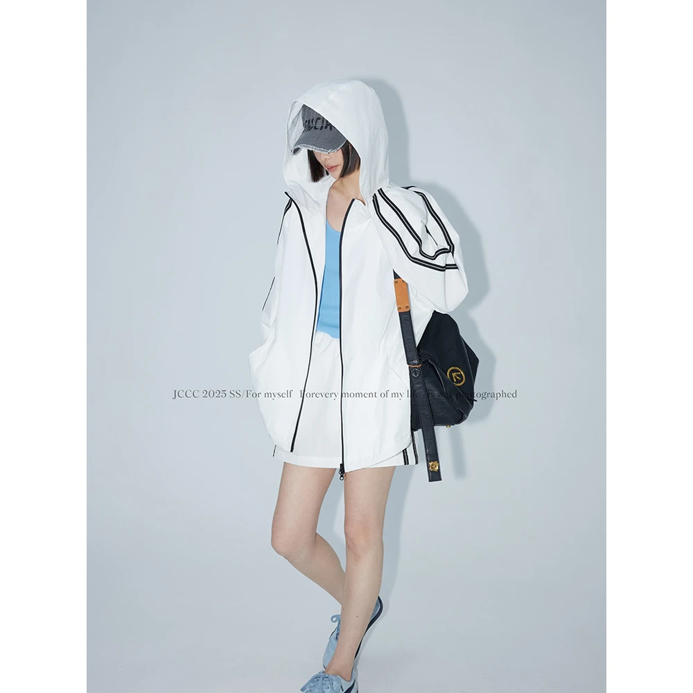 JCCC影子【无拘无束】白色时尚立领宽松冲锋衣防晒套装JE5ASZ12
