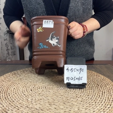 紫砂花盆紫泥竹节签筒猫咪手绘款0571