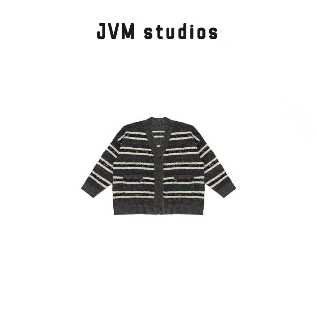 JVM秋冬款肌理针织条纹V领保暖银线细闪松弛感灰调通勤外搭29953