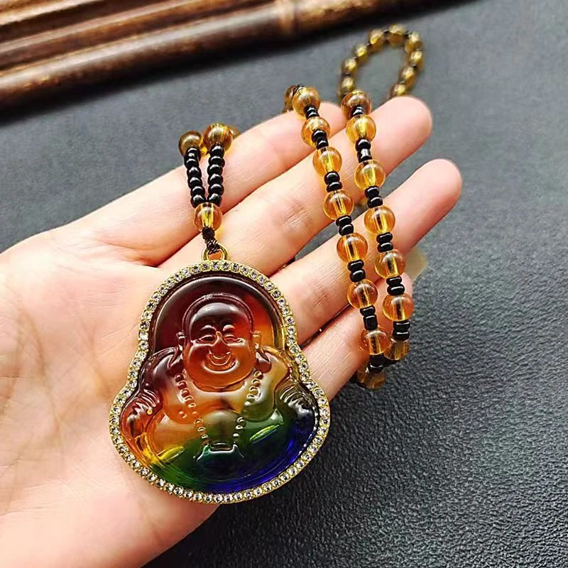 非金属玻璃项链 国潮时尚彩色串珠佛公项链