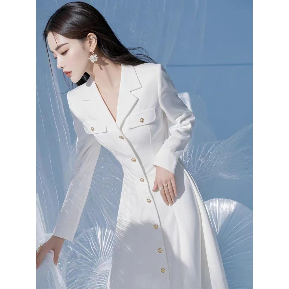 2025新款春装冷淡系独特别致法式长裙名媛小香风白色衬衫连衣裙女