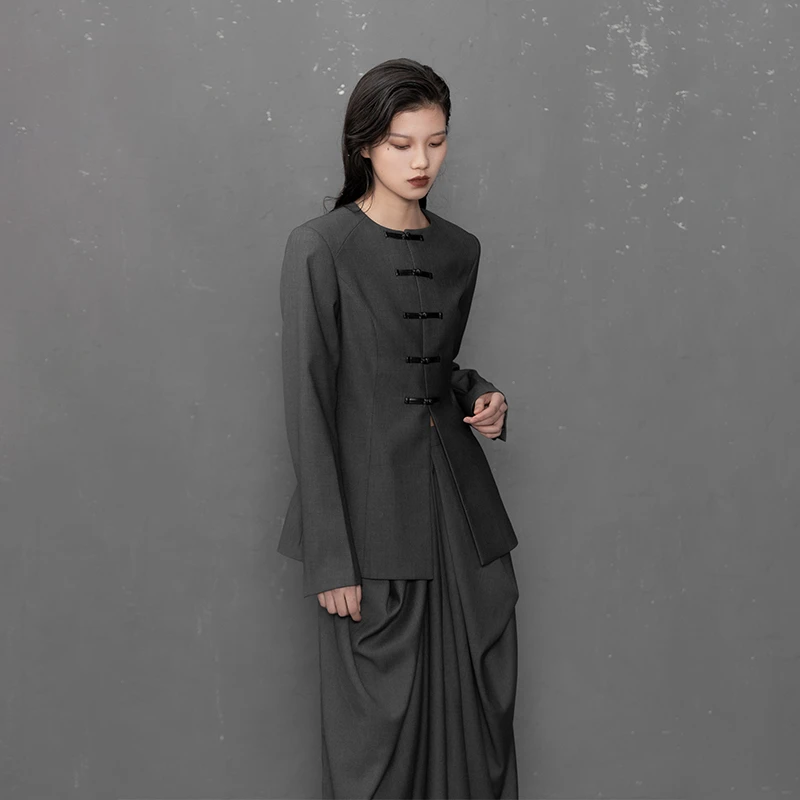 VAPOURBLUE原创新中式盘扣圆领休闲微修身西装外套