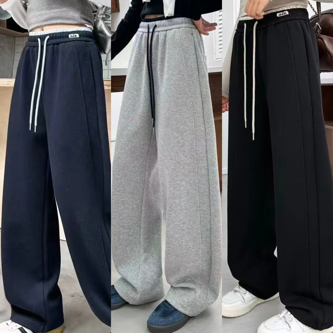 女大童秋款运动裤休闲直筒纯色拼腰针织裤外穿高腰卫裤百搭