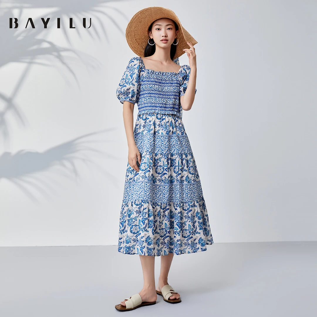 【云云】芭依璐夏季连衣裙女碎花泡泡袖度假长裙90L7057