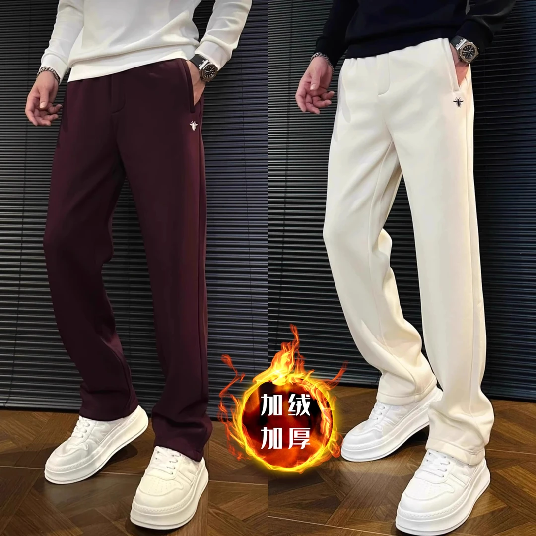 冬季新款男士加绒加厚直筒休闲裤时尚轻奢潮流百搭纯色简约长裤子