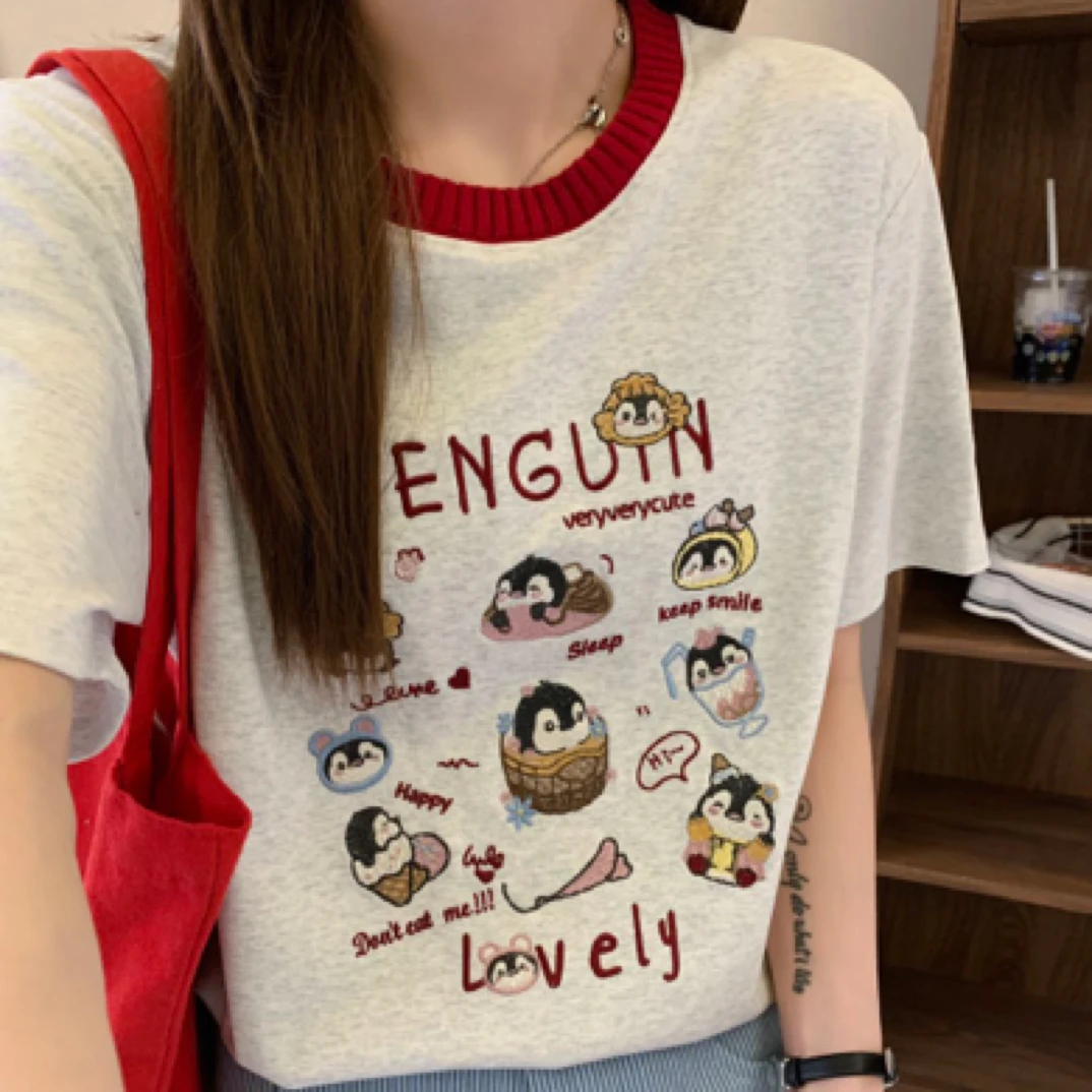 5121甜品企鹅重工刺绣针织领拼色套头短袖T恤女韩版宽松百搭T恤女