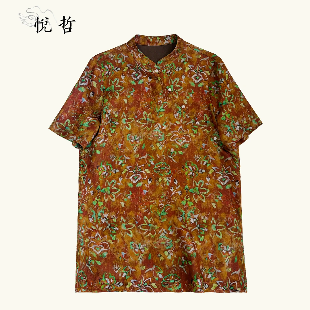 YUEZHE 夏季复古提花新中式短袖衬衣2025重磅斜襟宽松国风上衣