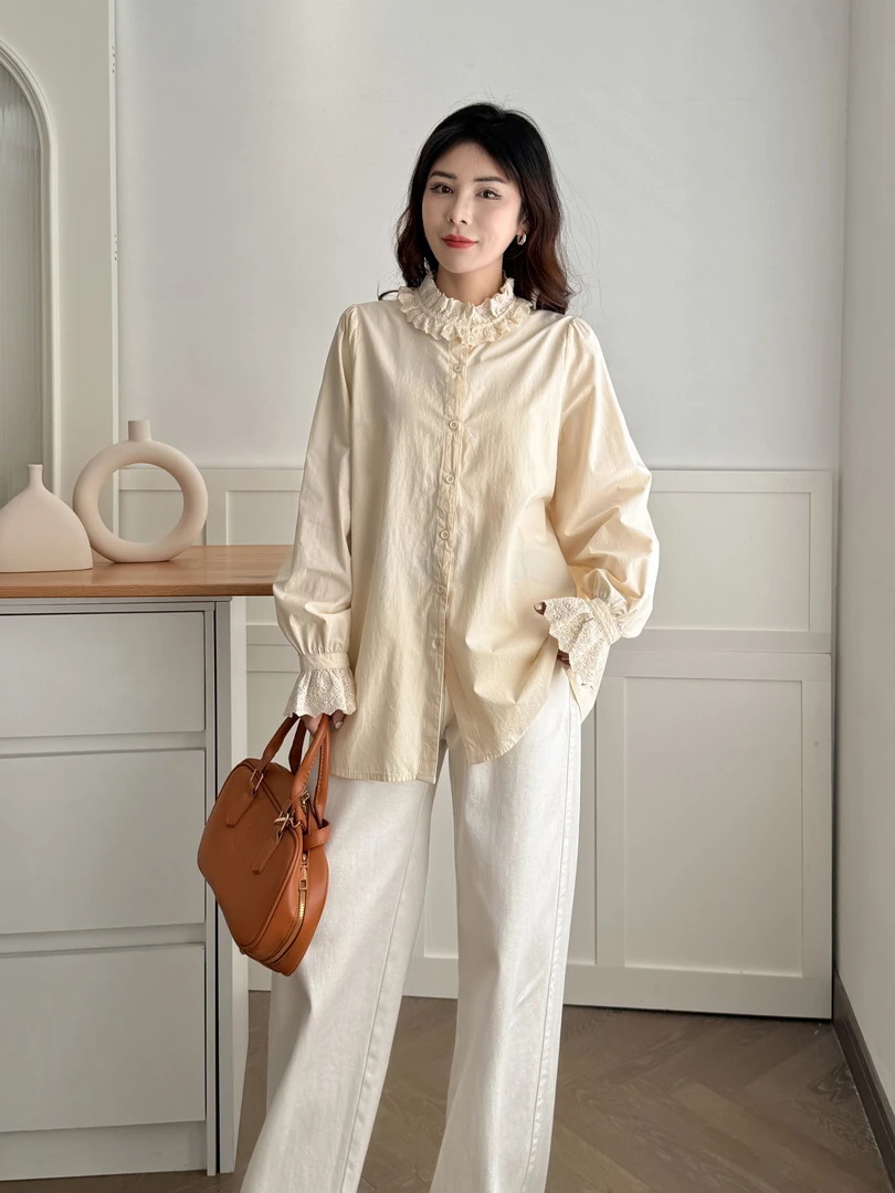 【法式田园】小清新~蕾丝花边长袖衬衫女百搭可爱5011