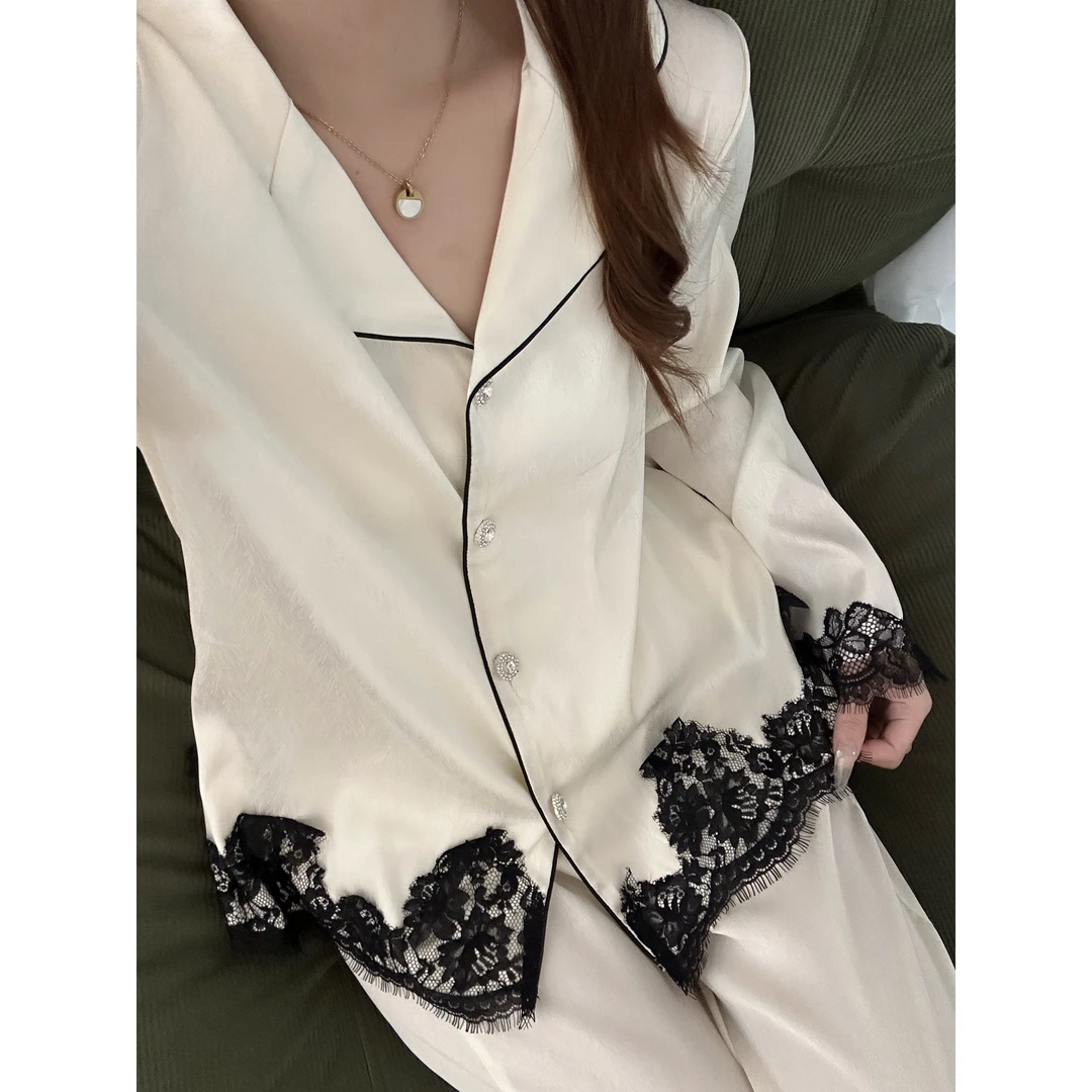 法式轻奢高级感气质缎面冰丝睡衣女春秋轻熟风蕾丝休闲家居服套装