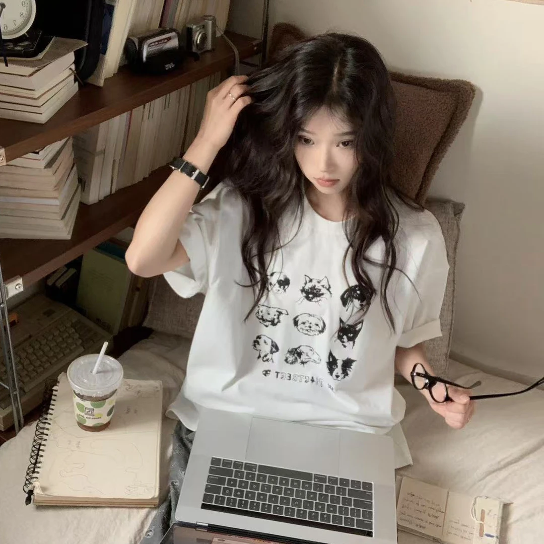 美式复古动物印花短袖T恤男夏季新款上衣情侣装上衣