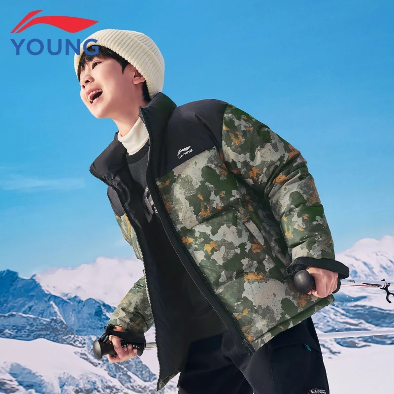 李宁儿童短款羽绒服男大童冬季新款防风保暖宽松立领鸭绒外套9091