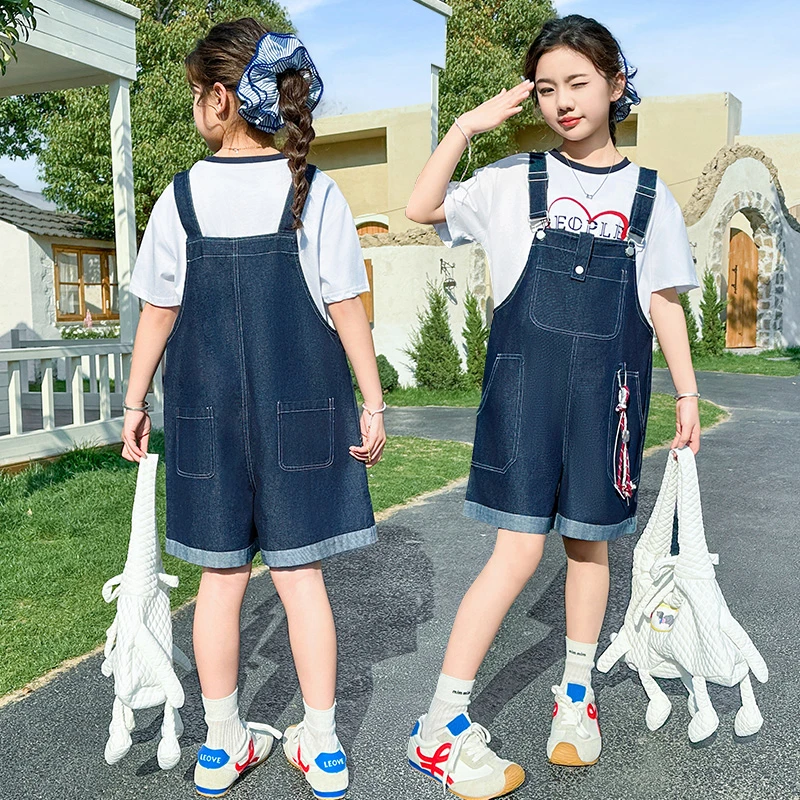 女童夏装背带中裤套装大童宽松休闲牛仔吊带五分短裤儿童短袖T恤