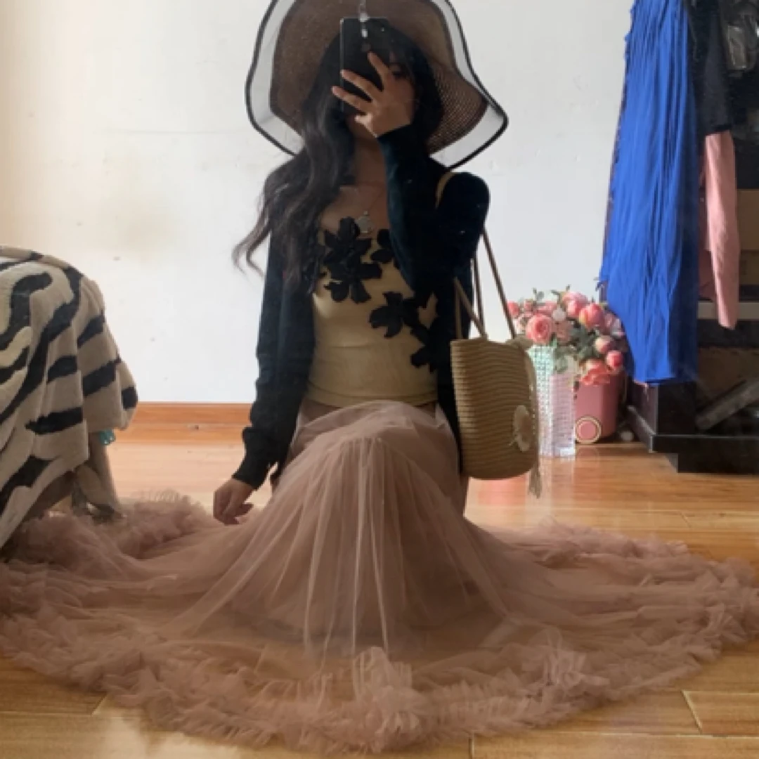 气质复古黑色立体花朵网纱吊带网纱显瘦蓬蓬裙