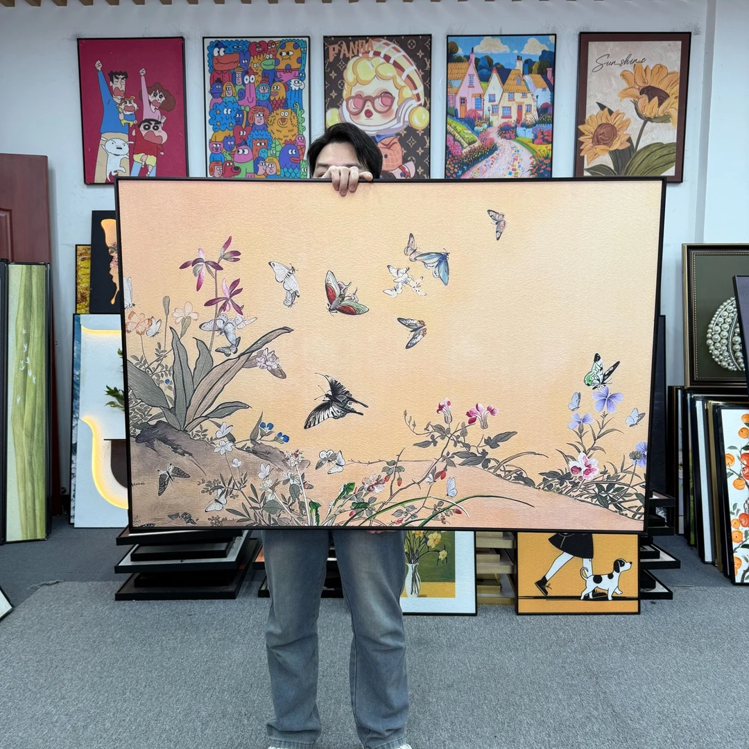 法式复古百蝶花卉轻奢装饰画高级卧室沙发背景画餐厅80120