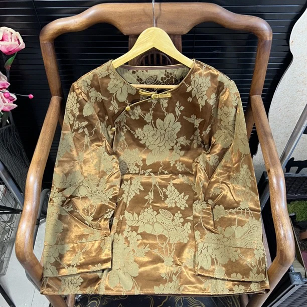 猫家YZM新中式国风厚料银丝提花百搭打底上衣2119