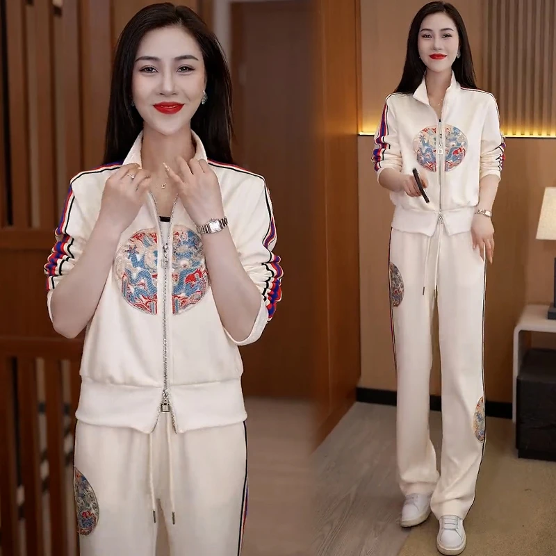 高含棉中国风套装女2025年春秋季新款休闲百搭印花立领卫衣两件套