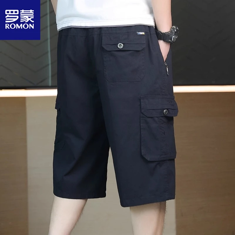 Romon/罗蒙夏季薄款拉链多口袋工装短裤男士宽松潮流休闲七分裤子