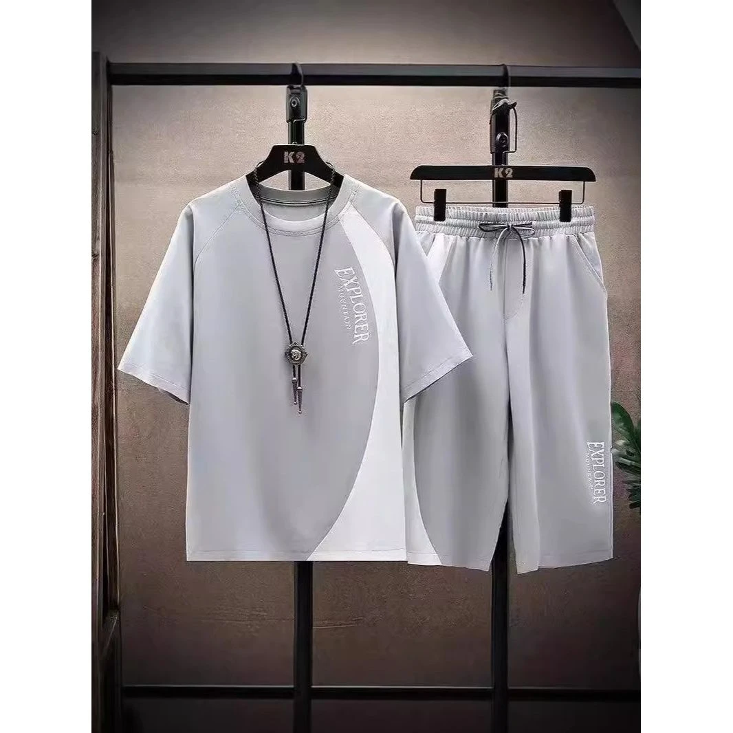 2025新款夏季短袖t恤套装男韩版潮流青少年休闲运动七分裤两件套