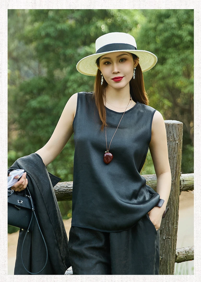 黑色香云纱女装显瘦背心夏季打底外穿纯色圆领简约宽松老钱风