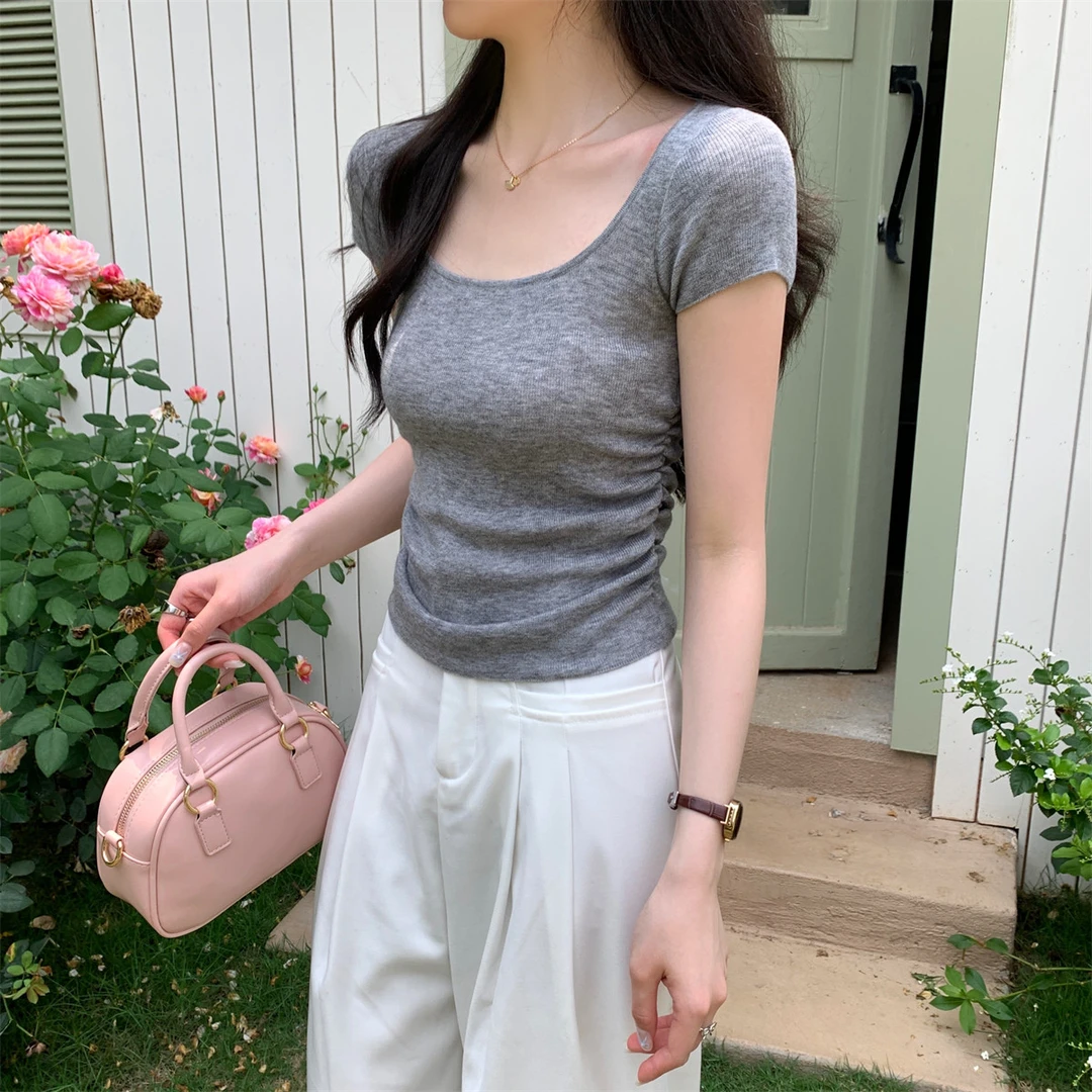 别致绝美法式方领针织体恤女褶皱高级轻薄羊毛小众夏季短袖上衣