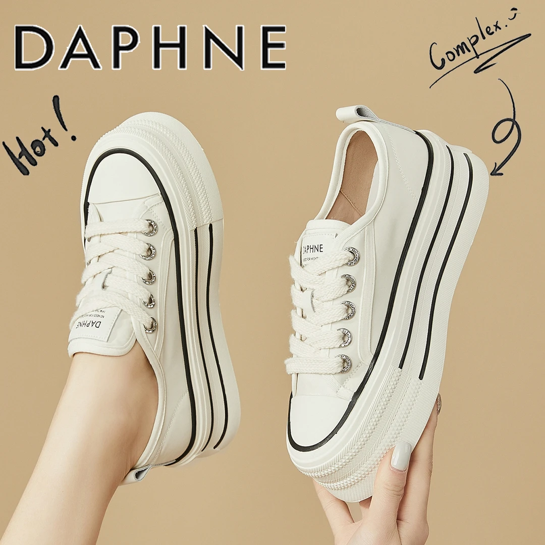达芙妮白色松糕鞋女厚底小白鞋2025年新款休闲女鞋秋季透气帆布鞋