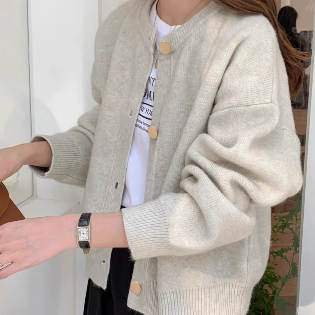 韩版宽松慵懒风女100%羊毛开衫针织衫女外套洋气秋冬长袖秋冬圆领