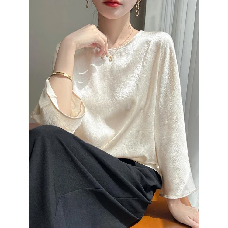 新中式国风桑蚕丝七分袖夏季新款圆领复古高级感真丝小衫女