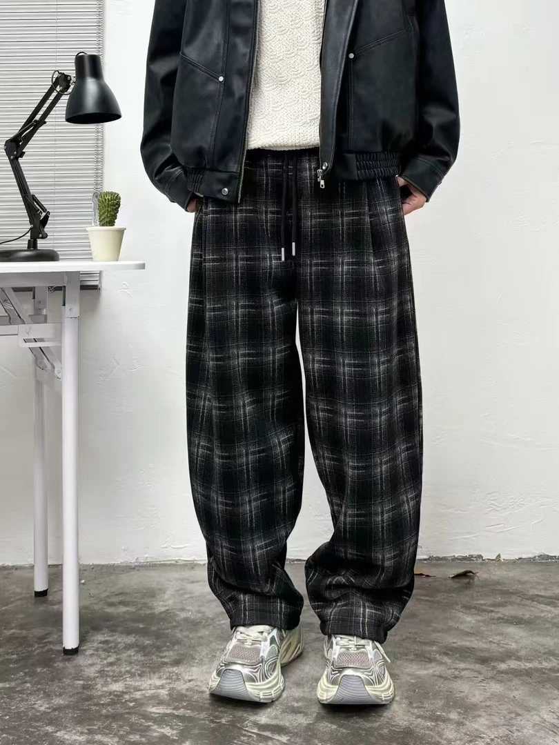 2024冬款格子阔腿休闲裤