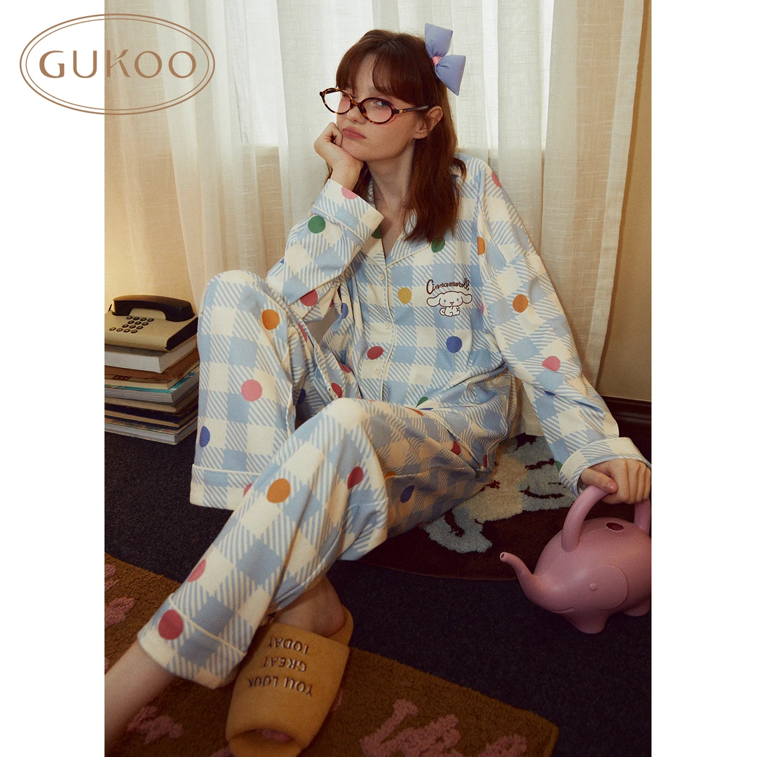 【陈西贝专属】Gukoo果壳秋季大耳狗格纹长袖卡通家居服套装
