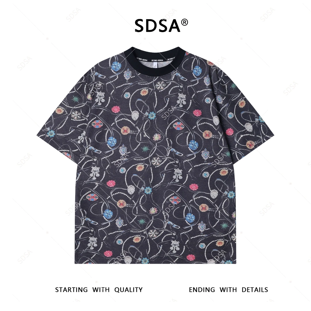 夏季高级感新款男士撞色多样花卉图案短袖T恤时尚休闲圆领上衣