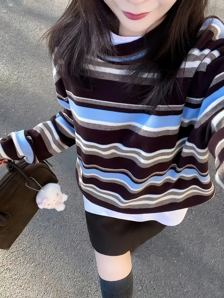 韩系撞色条纹圆领长袖针织衫毛衣女2025新款爆款休闲百搭宽松上衣