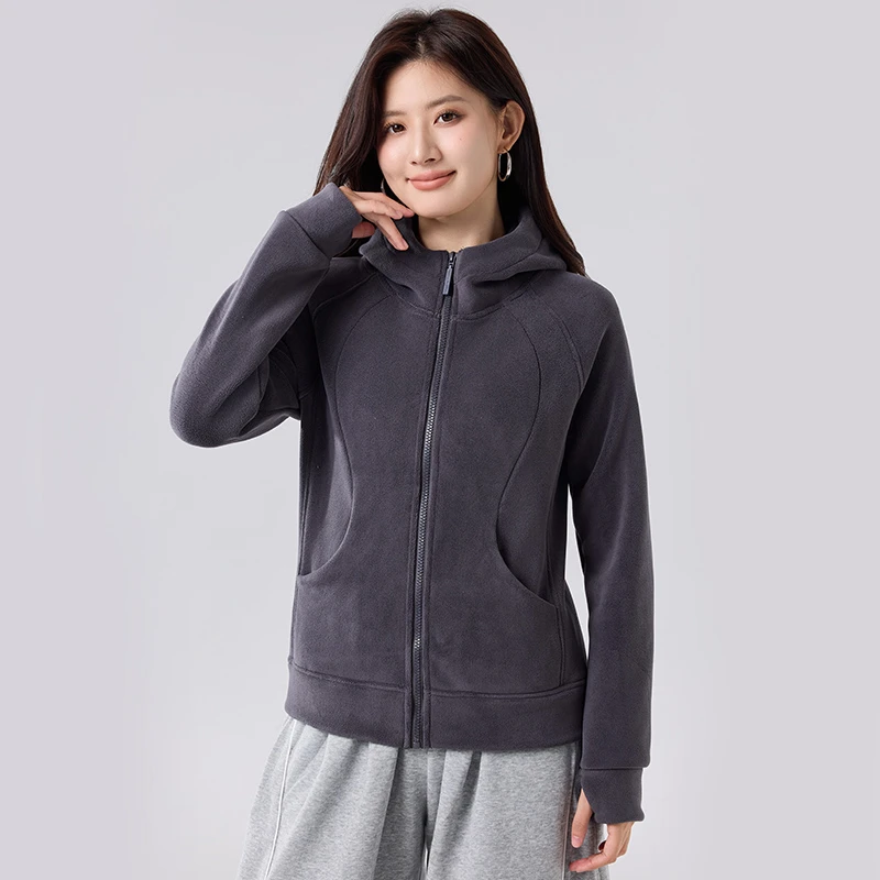 lulu明星同款卫衣加绒品牌同款连帽外套修身版防风奥利绒外套女