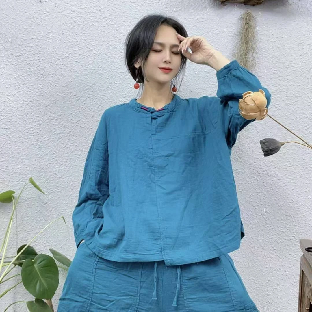 2162领口一颗绕线盘扣双层纱长袖上衣（短61长65胸围134