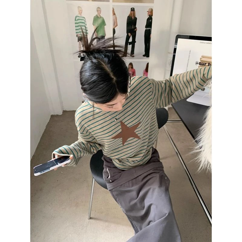 美式复古条纹圆领长袖打底衫T恤女2025春季宽松百搭休闲撞色上衣