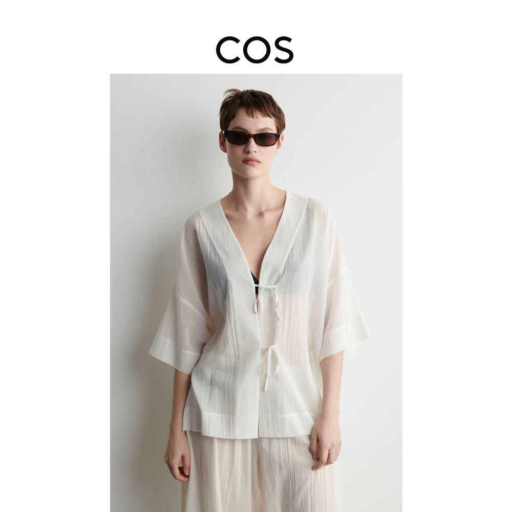 COS女装 休闲版型褶皱前襟系带衬衫白色2025夏季新品1272850002