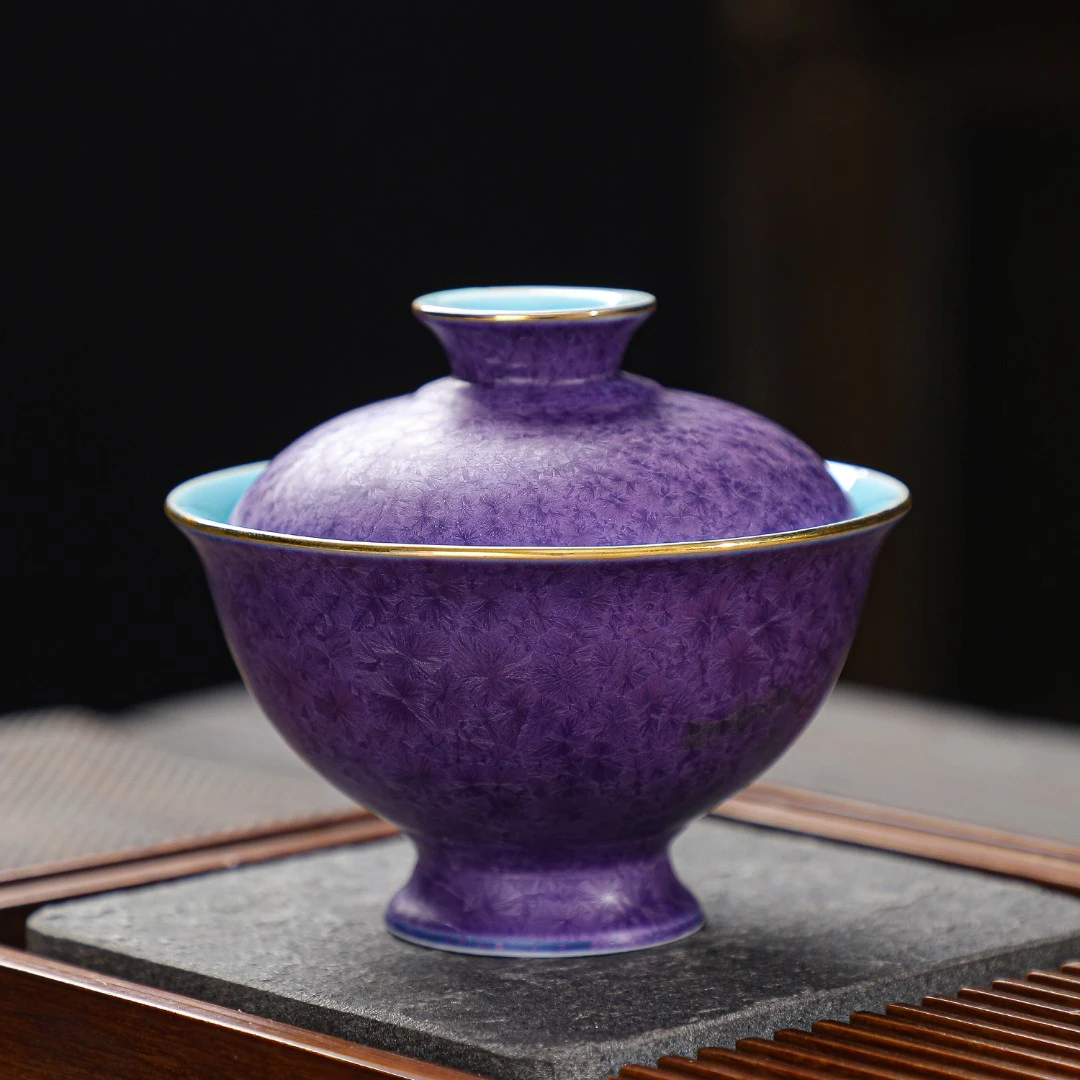 紫色盖碗结晶高温色釉描金陶瓷专用泡茶碗个性吸睛复古功夫茶盖碗
