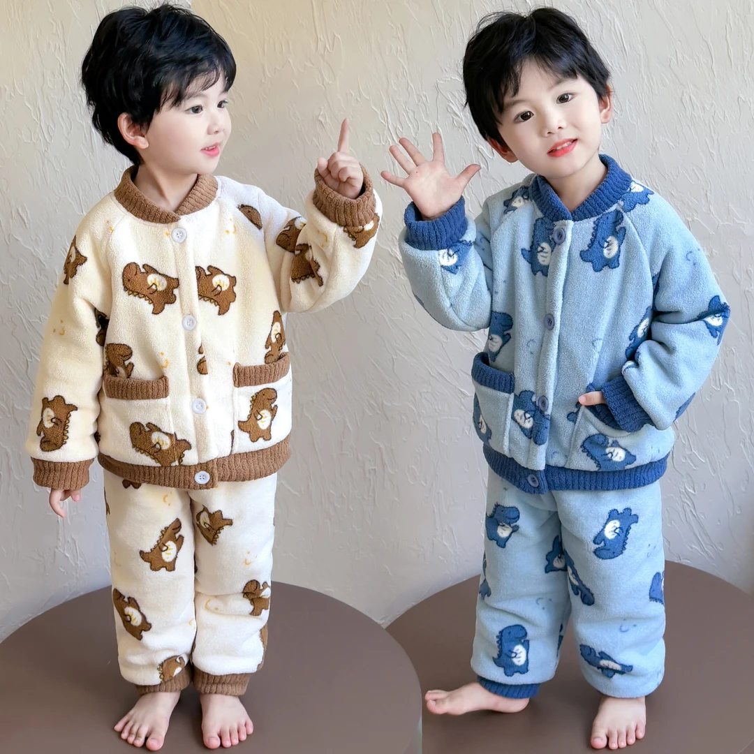 儿童珊瑚绒睡衣冬季三层夹棉加绒加厚法兰绒男孩家居服套装