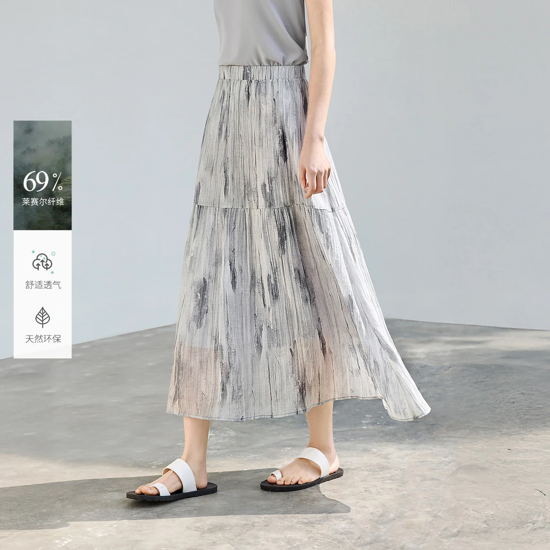 IHIMI/海谧2025年夏季新款女气质简约百搭中式压皱印花半身裙9245