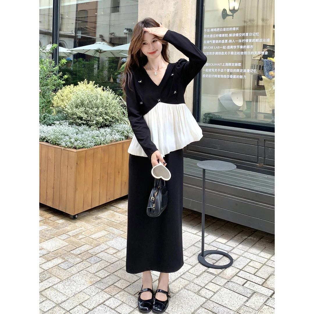 黑色法式绝美漂亮巨好看上衣套装裙女2025秋季新款半身长裙两件套