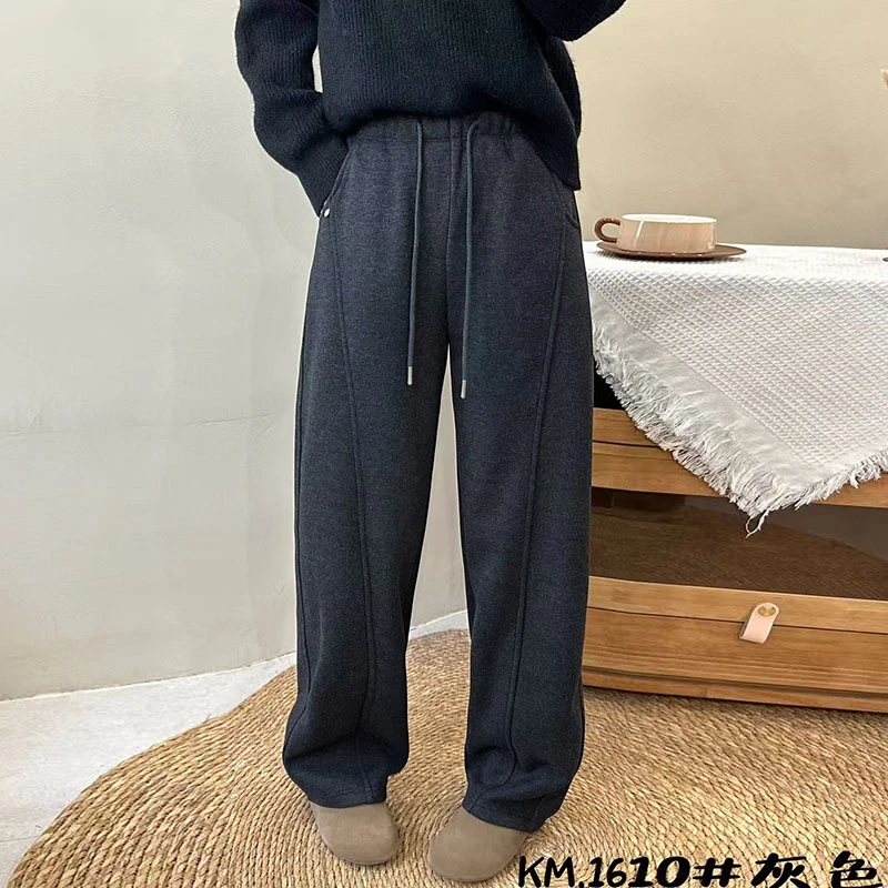 卡麦1610款2024冬季新款欧货抽绳小圆标双裤缝加绒阔腿裤弯刀裤女