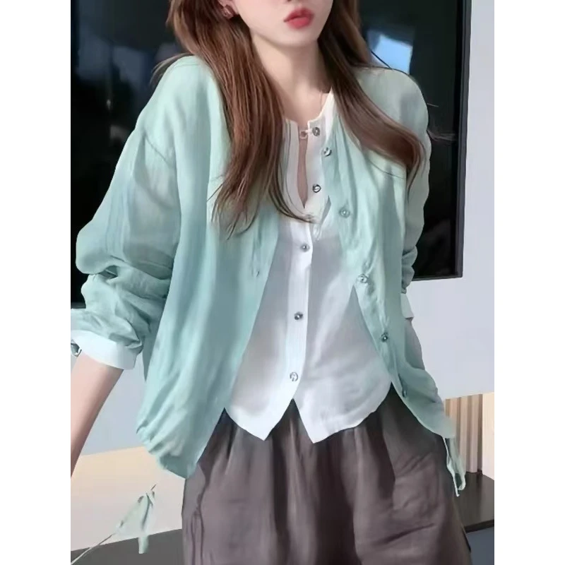 高级感假两件长袖防晒衬衫女士夏季薄款外搭开衫洋气欧货上衣5208