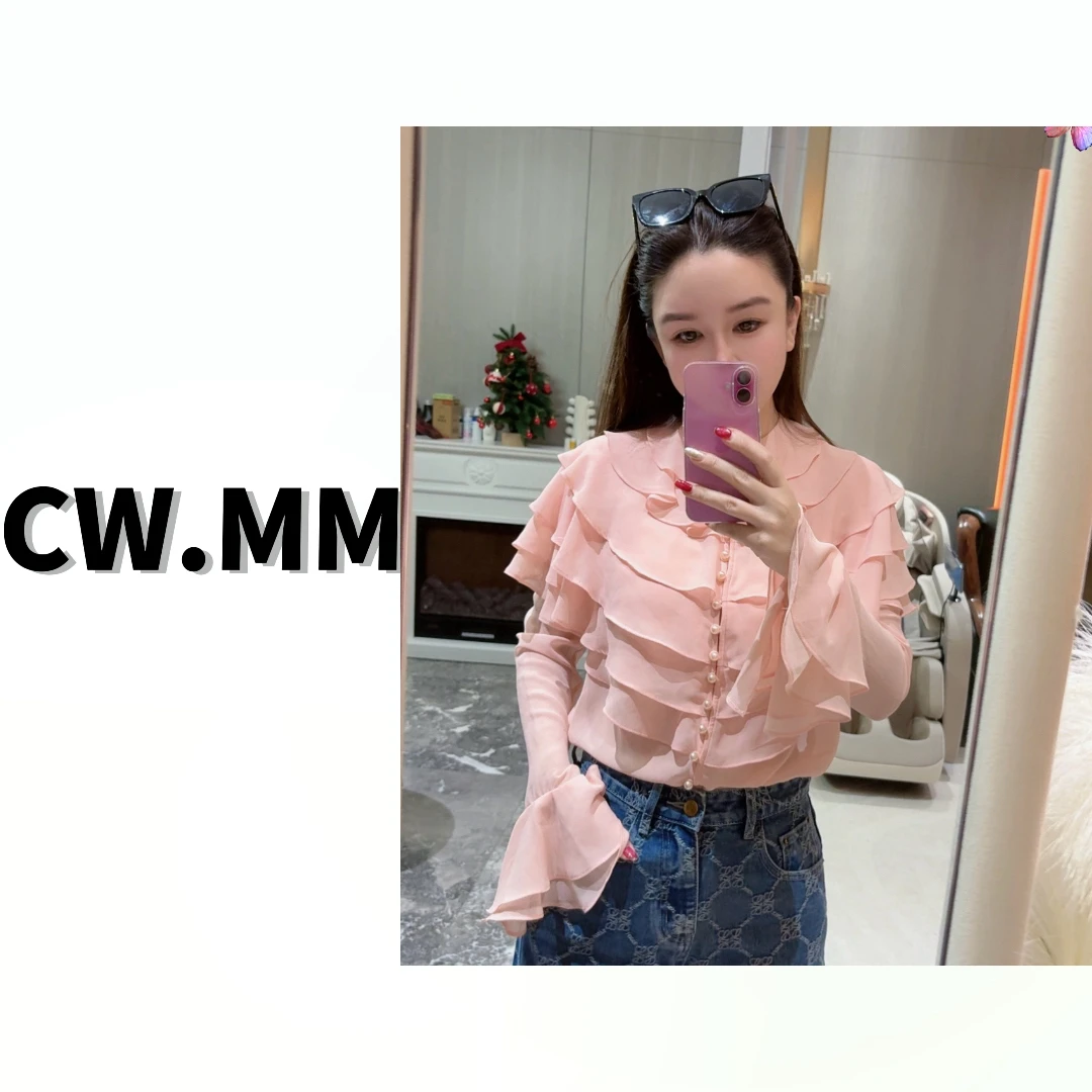 CW.MM 粉色设计感多层荷叶领宽松洋气上衣