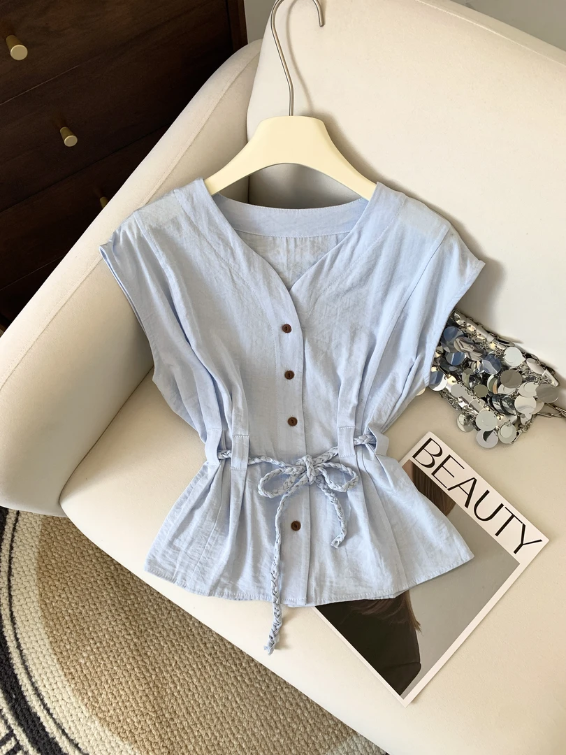 收腰系带休闲飞飞袖衬衫女夏季新款气质时尚纯色简约上衣52123
