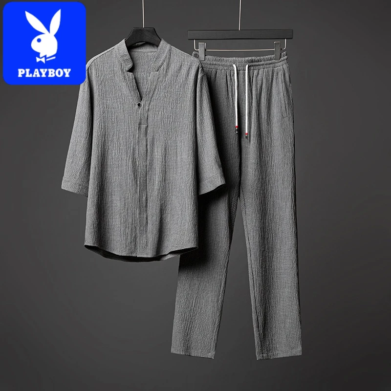 花花公子亚麻t恤套装男夏季薄款冰丝短袖中国风男装半袖上衣中式