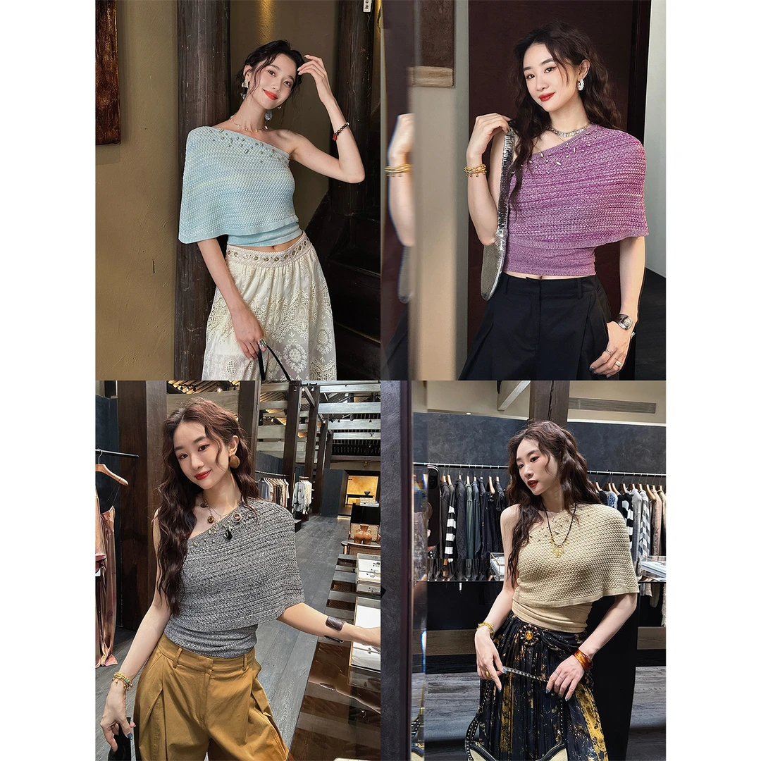 三吉黑花【风铃鸟】手工钉珠混色斜肩绑带衫短袖女2025新款百搭