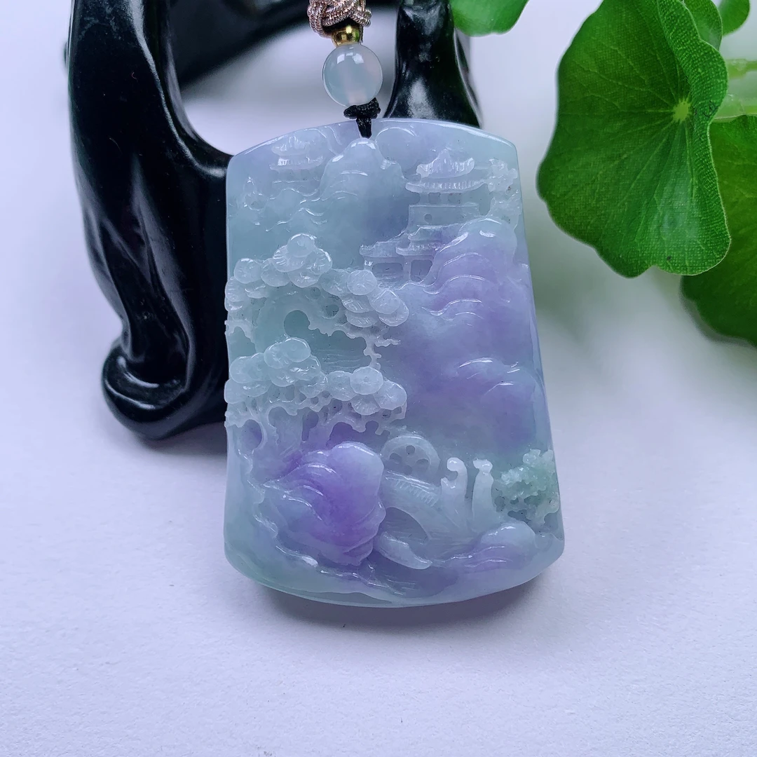 缅甸天然A货翡翠紫罗兰山水牌。 尺寸54.1/39.3/9.4