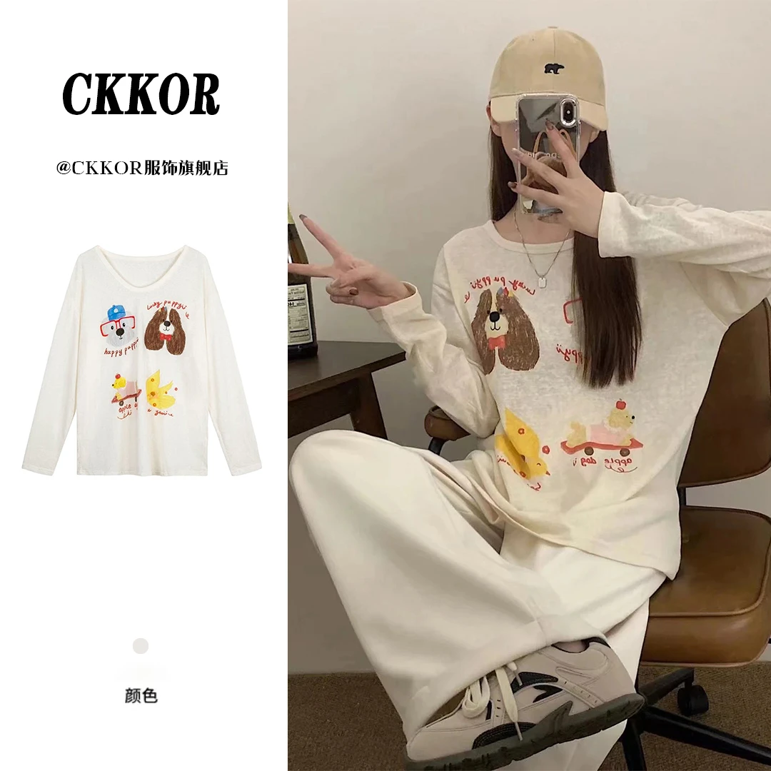 CKKOR少女风可爱印花长袖t恤女夏季新款百搭休闲宽松防晒罩衫上衣