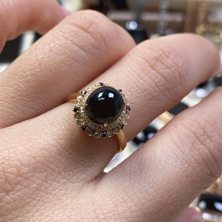 翡翠戒指18K金镶嵌缅甸天然翡翠墨翠