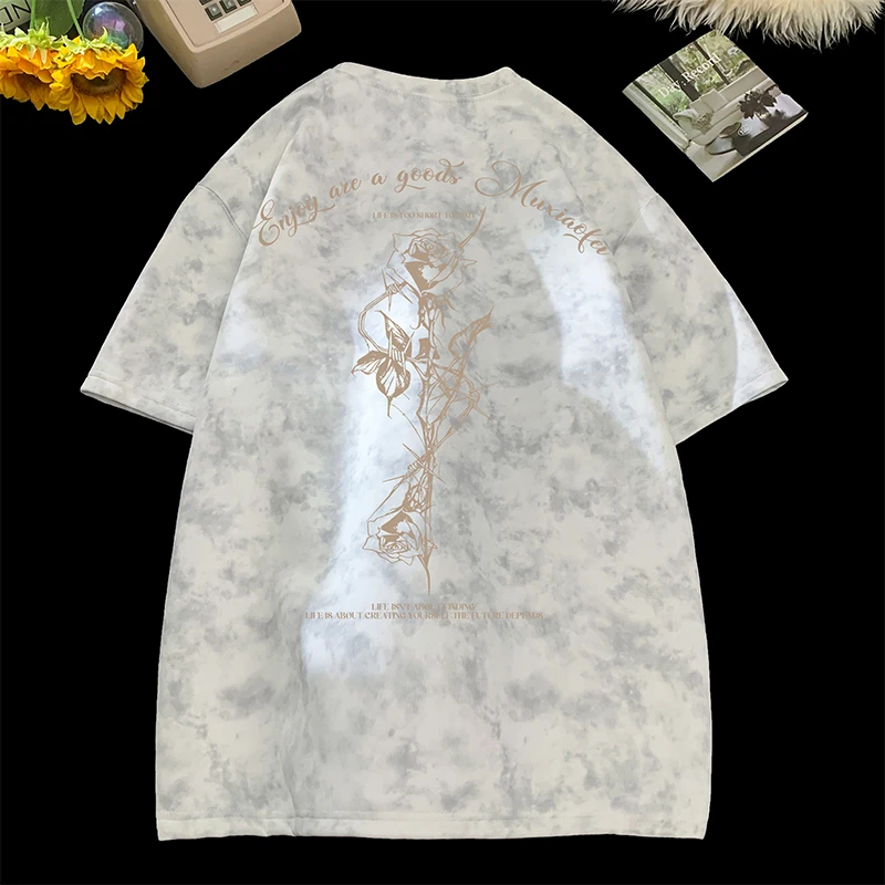 夏季短袖圆领T恤扎染美式小众港风韩版休闲半袖百搭慵懒大码男士